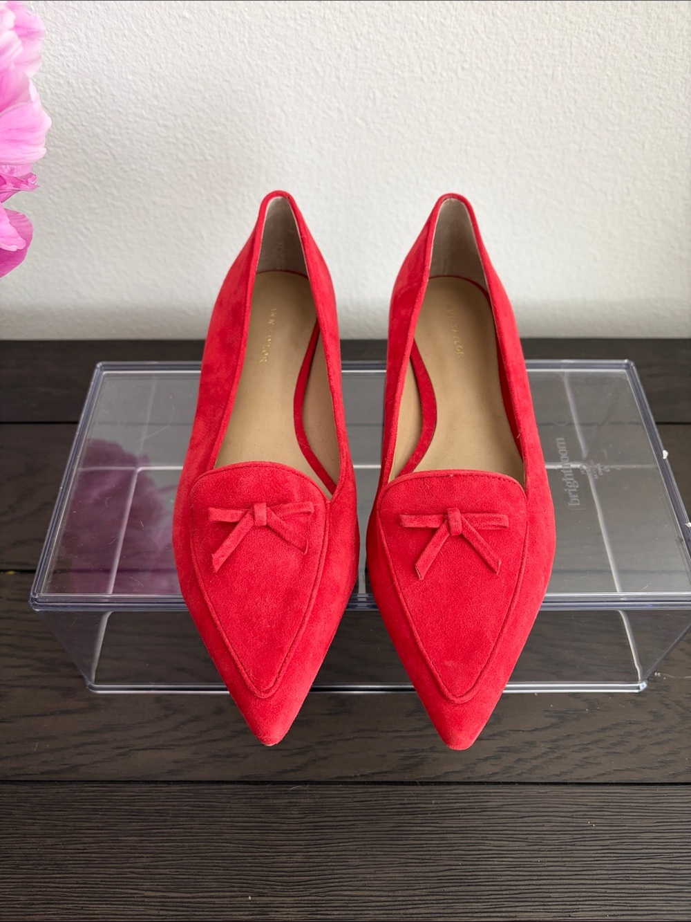 Ann Taylor Red Suede Pointed-Toe Flats with Bow Accent
